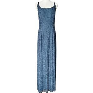 VTG Sean Collection 100% Silk Navy Beaded Evening Formal Gown Spaghetti Strap